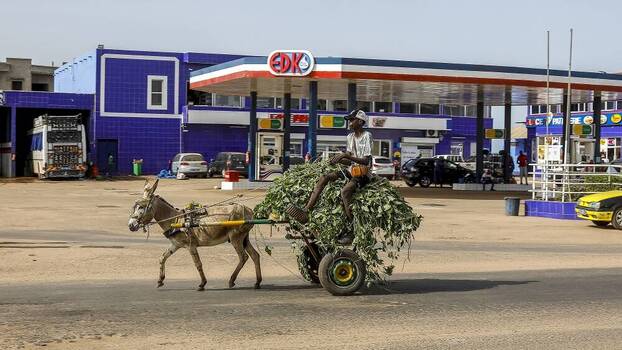 A mule-driven cart passes by a petrol station in Kaolack, Senegal, 13 October 2022.