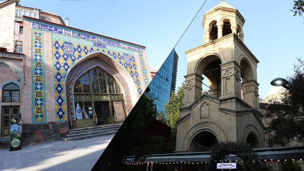 Collage: Eine armenische Kirche im moslemischen Aserbaidschan und eine Moschee im christlichen Armenien