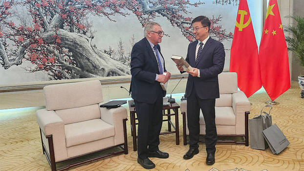 Dr. Heinz Bierbaum, chair of the Rosa Luxemburg Foundation, meets with Zhao Shitong, Vice Minister of the International Department of the CPC Central Committee, during his visit to China in March 2024.