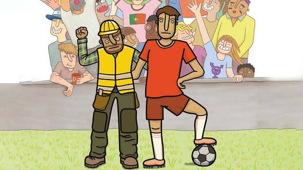 [Translate to en:] Ein Arbeiter und ein Fußballspieler stehen Arm in Arm auf einem Fußballfeld. Der Arbeiter trägt einen Helm und eine Schutzweste und streckt kämpferisch den Arm und die geballte Faust nach oben. Der Fußballer trägt Trikot und Hose und hat seinen Fuß auf einen Ball abgestellt. Im Hintergrund jubeln Fans, die symbolisch die Vielfältigkeit der Fußballszene verkörpern. Es sind Menschen verschiedener Hautfarbe, unterschiedlichen Geschlechts und Alters. Eine Frau trägt ein lila T-Shirt mit einem Transgender-Symbol. Einer ist auf den Armen tätowiert und hält einen Becher mit der türkischen Flagge in der Hand.