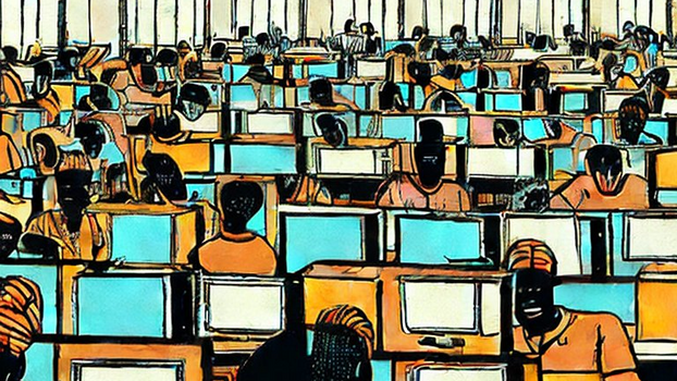 mit generativer KI generiertes Bild von: "Ein scheinbar endloser Blick auf afrikanische Arbeiter an Schreibtischen vor Computerbildschirmen im Stil der Druckgrafik"