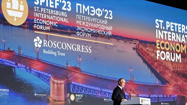 Vladimir Putin speaking at the St. Petersburg International Economic Forum on 16 June 2023.