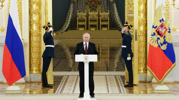 Russian President Vladimir Putin delivers a speech during a ceremony to receive credentials from newly arrived foreign ambassadors at the Alexander Hall of the Grand Kremlin Palace in Moscow, Russia, 4 December 2023.