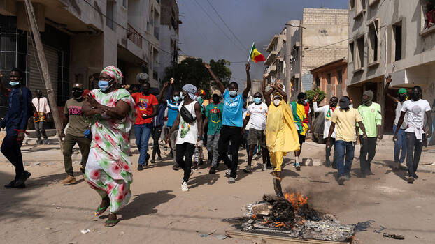 Demonstrators protest against the delay of the presidential vote in Dakar, Senegal, 9 February 2024.