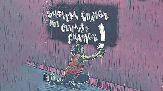 Mit groben Strichen gezeichnete Illustration einer Frau mit Kopfhörern und ärmellosem Shirt, die an eine lila Wand "System Change not Climate Change" sprayt. Neben ihr stehen weitere Spraydosen.