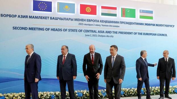 Central Asian heads of state pose with European Council President Charles Michel during a summit in Cholpon-Ata, Kazakhstan, 2 June 2023.