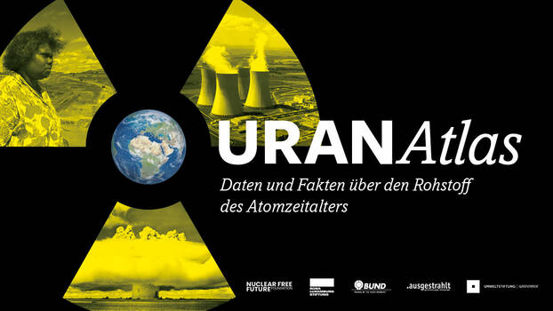Cover Uran Atlas mit gelben Atom-Symbol in der Mitte blaue Weltkugel