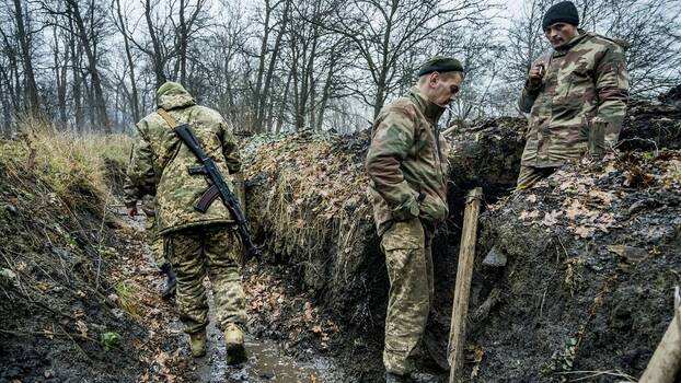 Ukrainian troops in the trenches near Bakhmut.