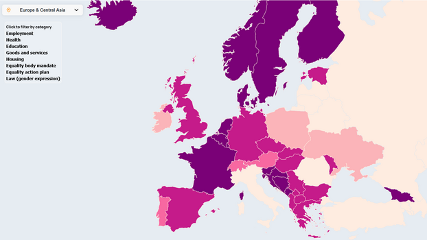 Die Trans Rights Map veranschaulicht für Europa und Zentralasien, wie trans*Personen in verschiedenen Lebensbereichen geschützt sind. Je dunkler die Farbe, desto höher ist das Schutzniveau. Hier eine Filterung nach Indizes für Nicht-Diskrininierung