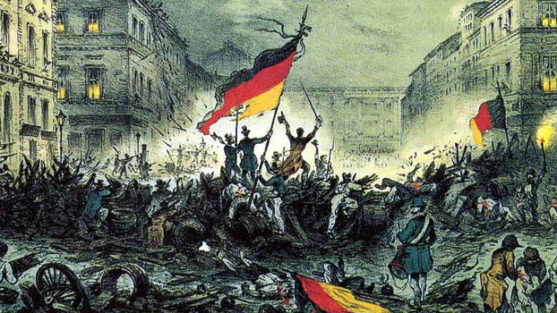 Postcard of barricade fighting in Berlin in 1848.