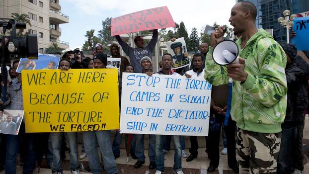 Eritrean exiles demonstrate in front of the Eritrean Embassy in Tel Aviv.
