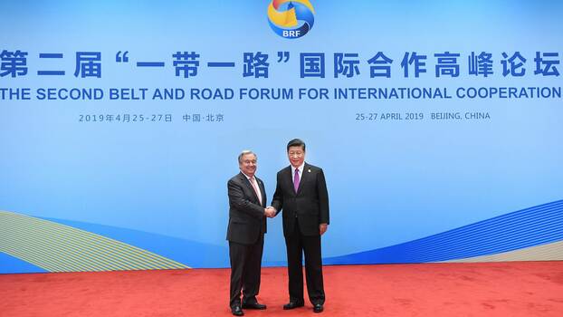 April 27, 2019: Chinese President Xi Jinping welcomes UN Secretary-General Antonio Guterres to the roundtable of foreign leaders at the Second Belt and Road Forum for International Cooperation in Beijing.