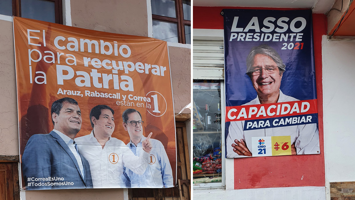 Correa und seine Kandidaten (von links nach rechts: Rafael Correa, der Präsidentschaftskandidat Andrés Arauz und sein Vize Carlos Rabascall) gegen Guillermo Lasso (Plakat rechts) in der Wahlwerbung in Ecuador. 