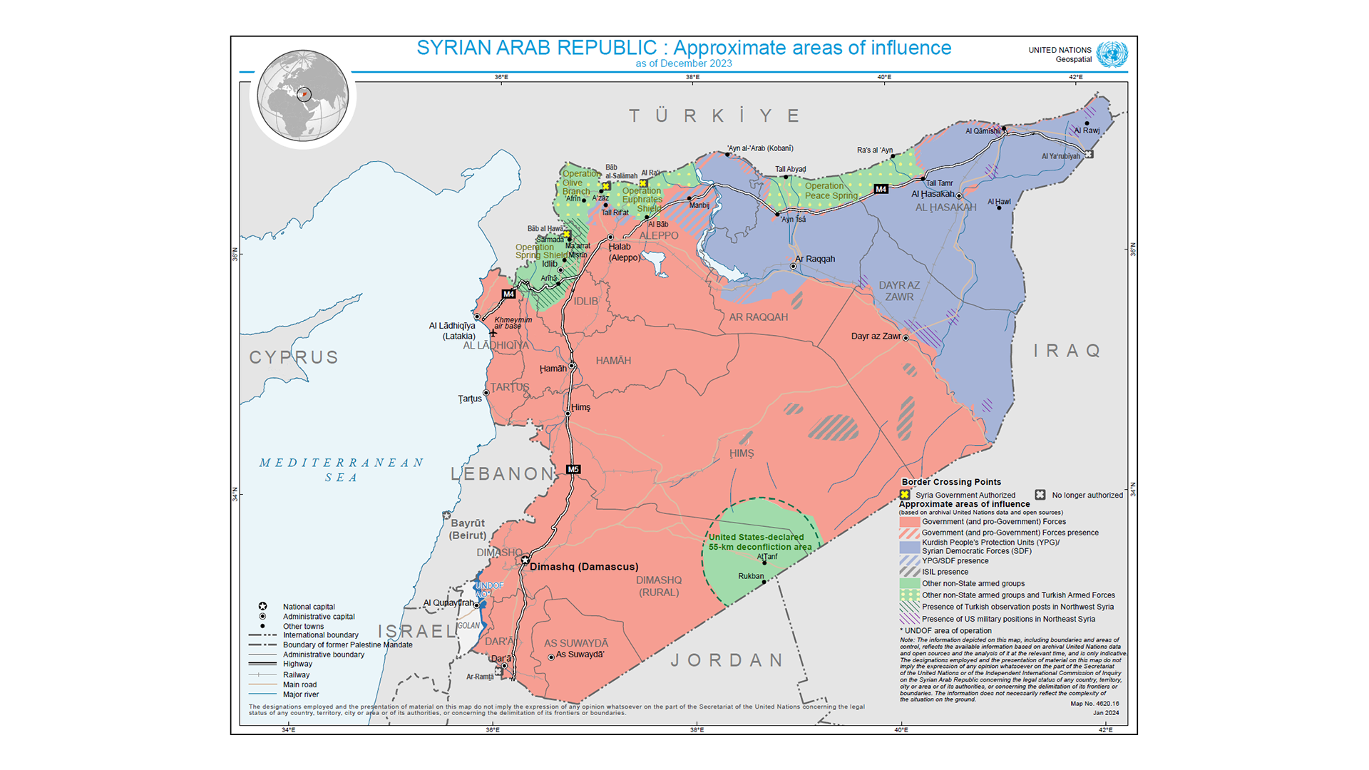 Karte der Vereinigten Nationen zeigt die ungefähren Einflussgebiete in Syrien von Juli bis Dezember 2023