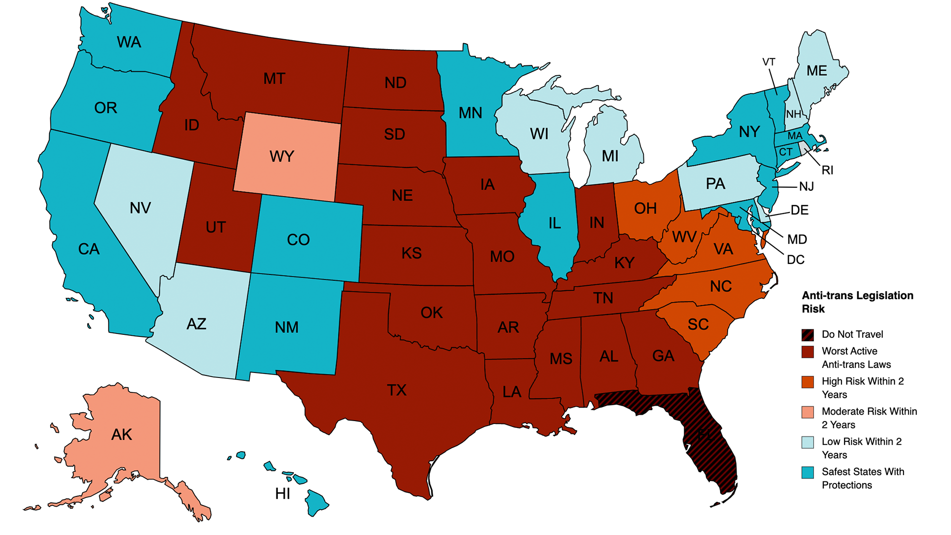 Anti-Trans Legislative Risk Map: Die Landkarte der Anti-Trans-Risiken in den USA hat sich in zwei Amerikas geteilt: eines, in dem trans* Personen vollen rechtlichen Schutz genießen, und eines, in dem sie vom Staat verfolgt werden.