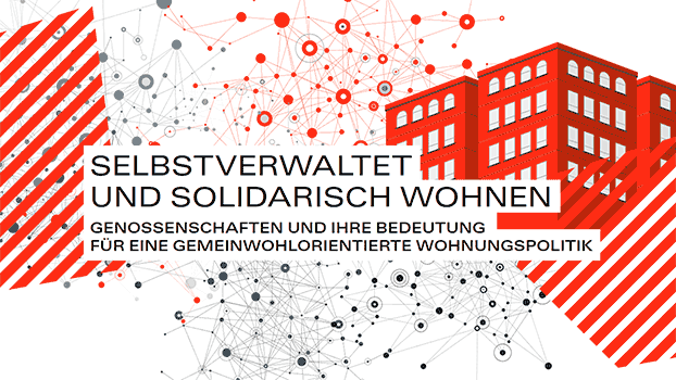 weißer Hintergrund mit dünner farbiger Netzstruktur, rechts ein stilisierter roter Hausblock, Text: Selbstverwaltet und solidarisch wohnen