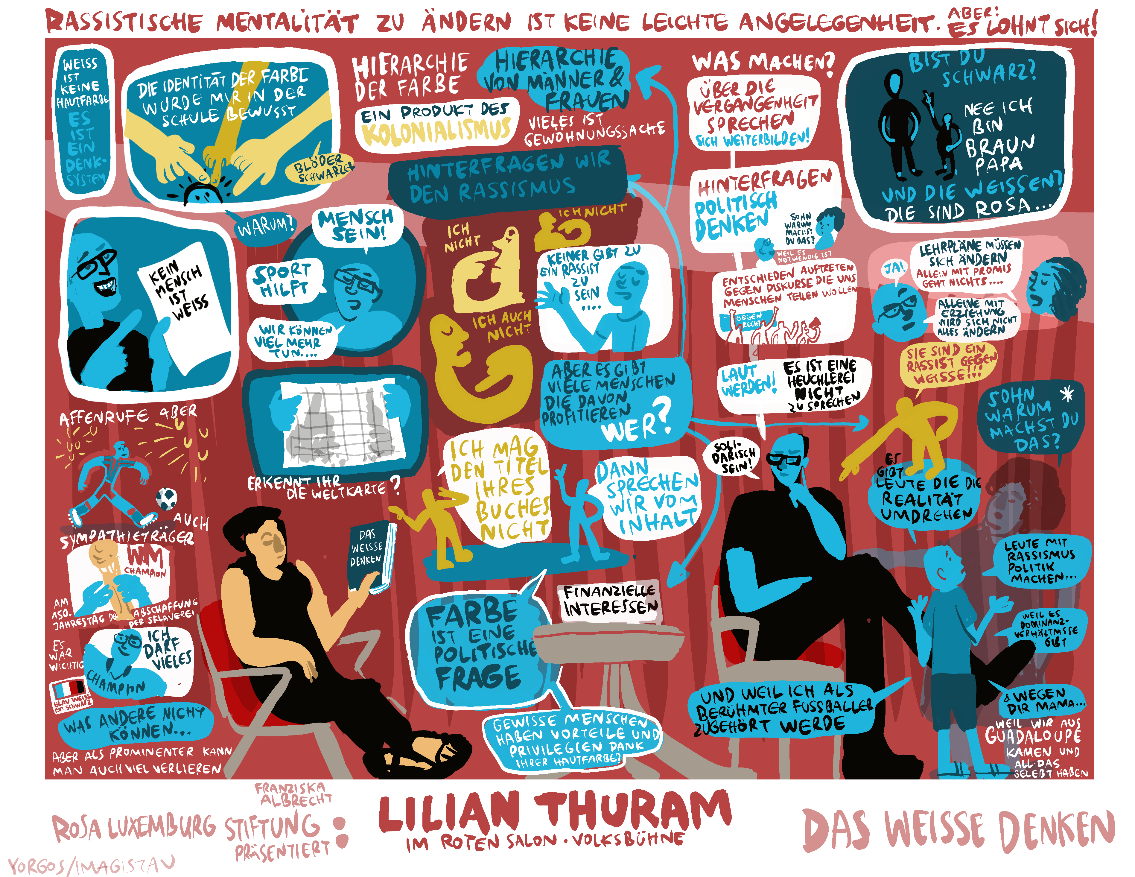 Das Ergebnis eines Graphic Recording der Buchvorstellung mit Lilian Thuram: «Das weiße Denken» am 11. Mai 2022 in der Volksbühne Berlin