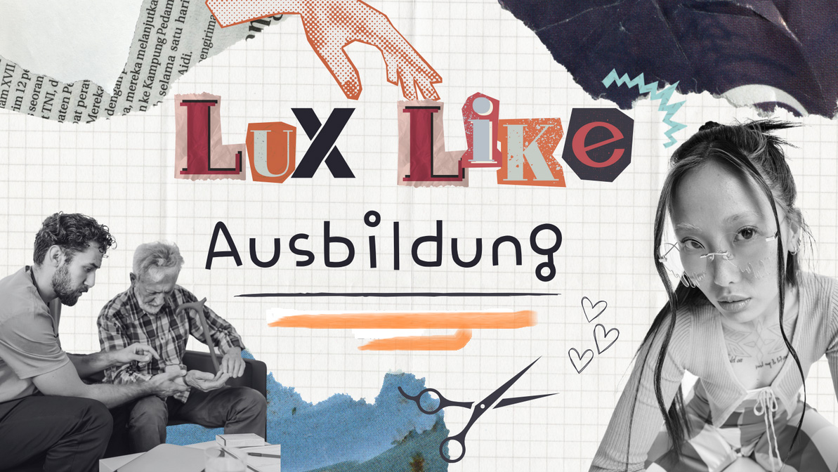 Titelbild mit Auszubildenden und einem grafischen Schriftzug "Lux like Ausbildung"