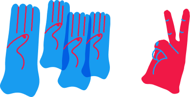 Eine einzelne rote Hand zeigt ein Peace-Zeichen. Ihr gegenüber steht eine Gruppe von streng erhobenen blauen Händen.